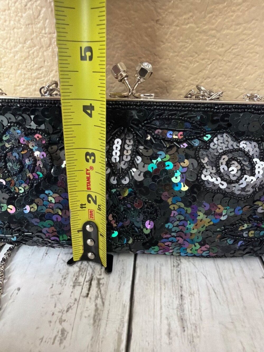 Y2K Max Mayer Black Beaded Sequin Evening Bag Clutch Kiss Lock Chain Strap NEW - Picture 4 of 14